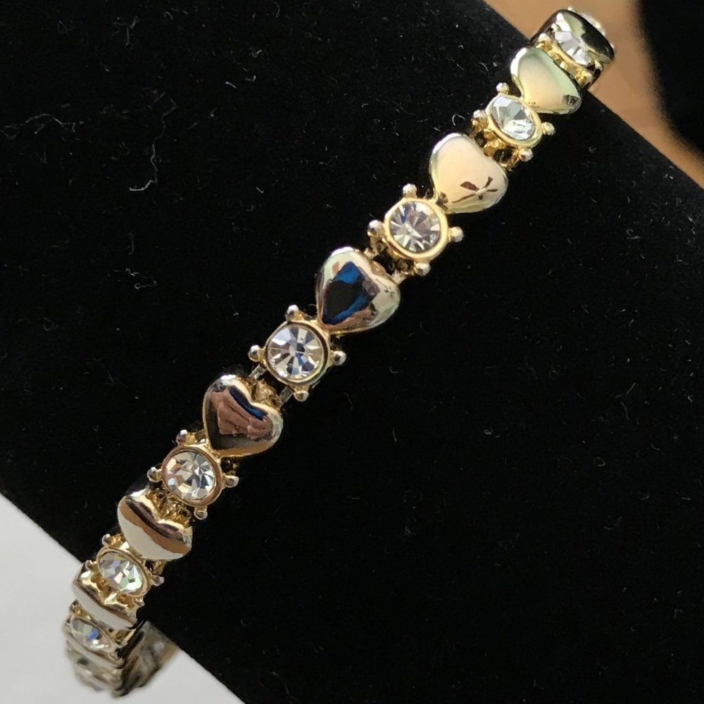 Vintage Gold Tone hearts & Shiny Crystal Bracelet